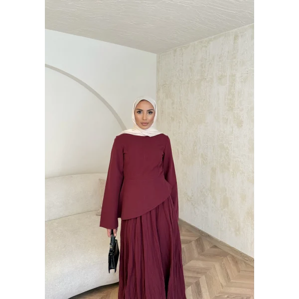 Keten Kırışık Etek Takım - Bordo
