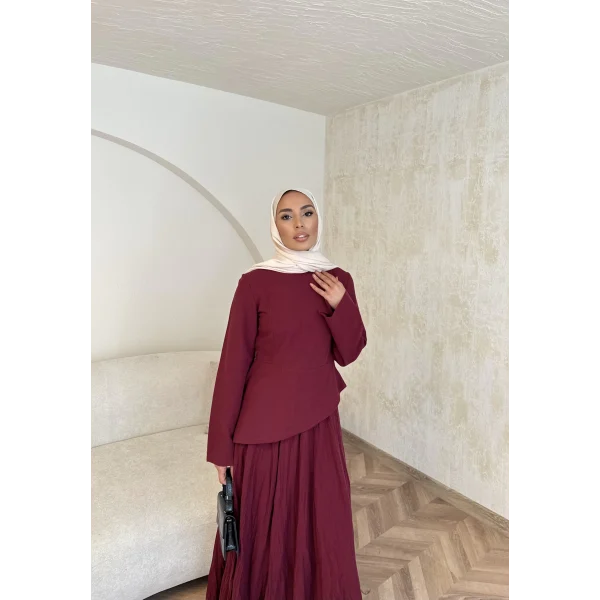 Keten Kırışık Etek Takım - Bordo