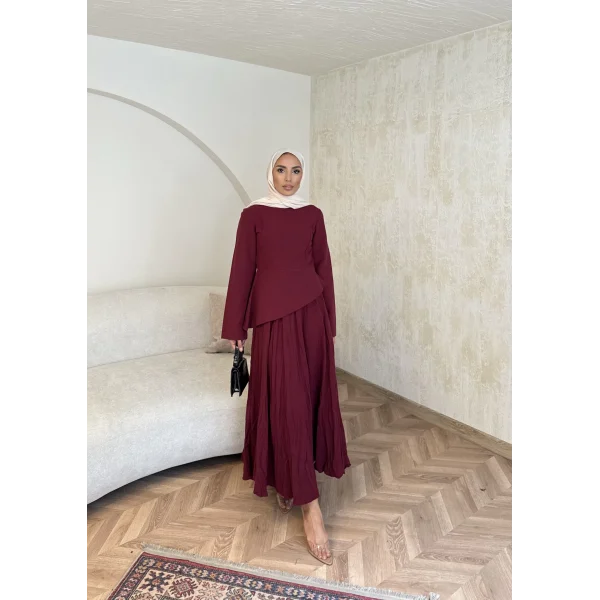 Keten Kırışık Etek Takım - Bordo