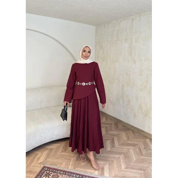 Keten Kırışık Etek Takım - Bordo