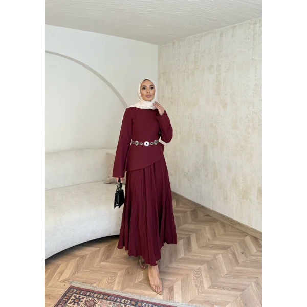 Keten Kırışık Etek Takım - Bordo