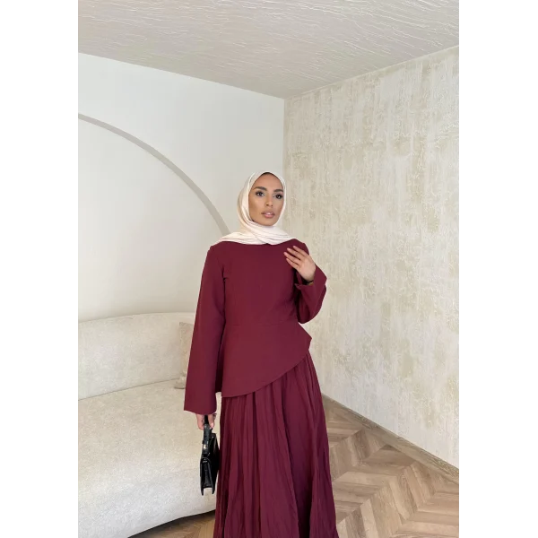 Keten Kırışık Etek Takım - Bordo