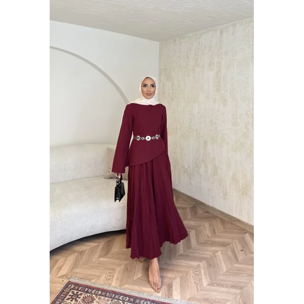 Keten Kırışık Etek Takım - Bordo