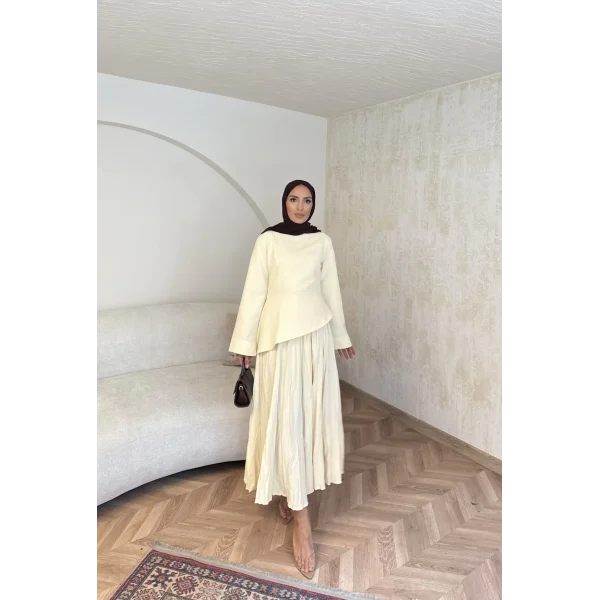 Keten Kırışık Etek Takım - Sarı