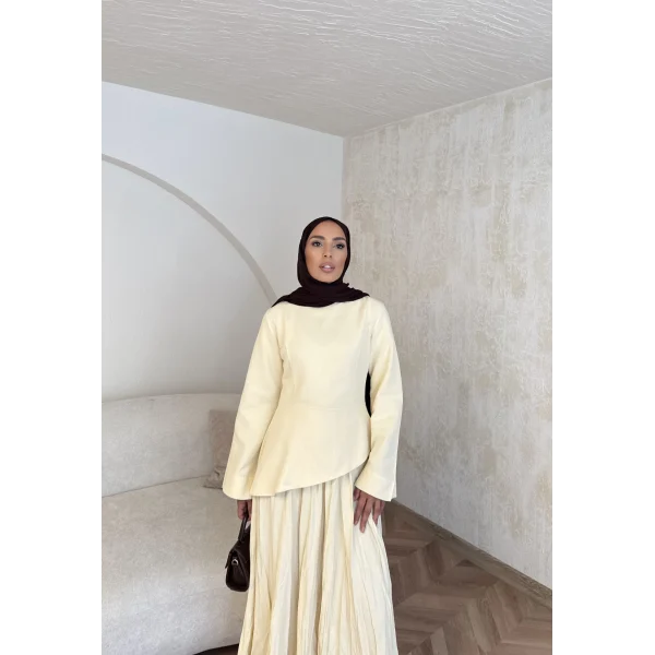 Keten Kırışık Etek Takım - Sarı