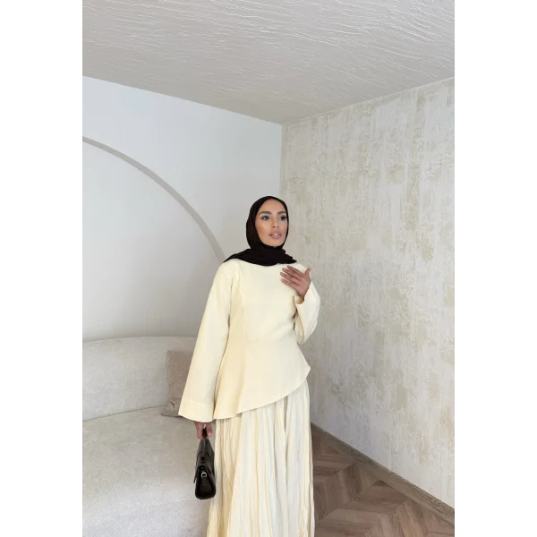 Keten Kırışık Etek Takım - Sarı