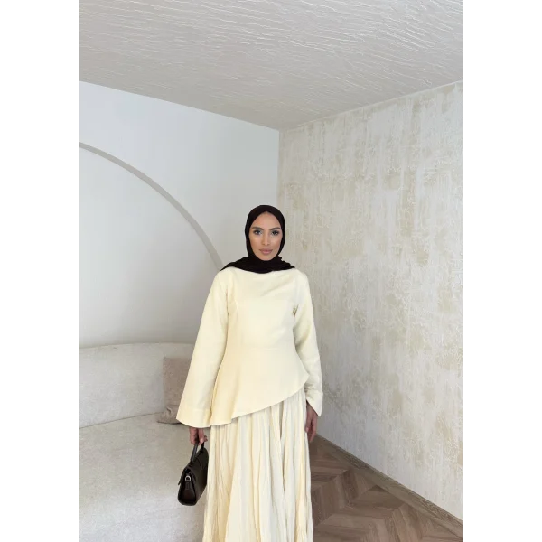 Keten Kırışık Etek Takım - Sarı