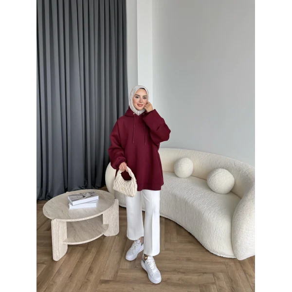 Kolu Piliseli 3 İplik Sweat - Bordo