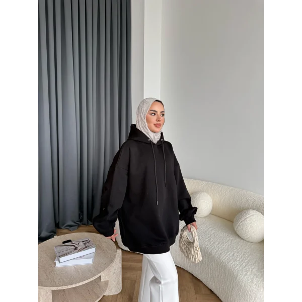 Kolu Piliseli 3 İplik Sweat - Siyah