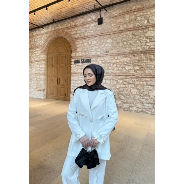 Kurdele Detaylı Kot Ceket - Beyaz