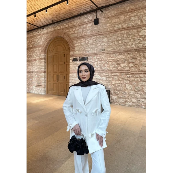 Kurdele Detaylı Kot Ceket - Beyaz