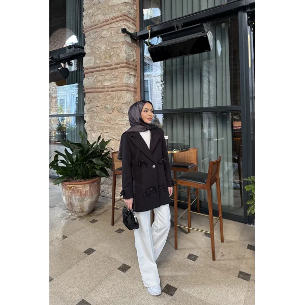 Kurdele Detaylı Kot Ceket - Siyah