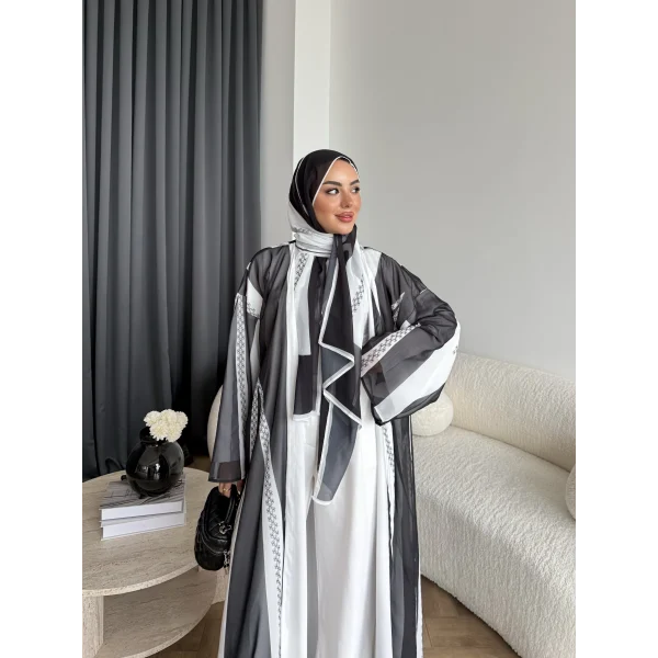 Kyl - Madella Şallı Abaya - Siyah - Beyaz