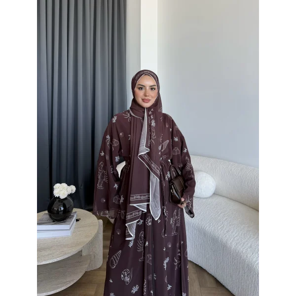 Kyl - Simara Şallı Abaya - Kahve