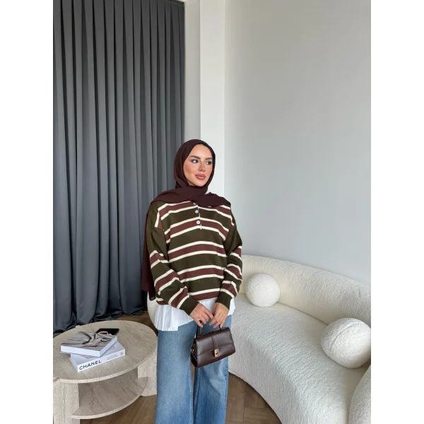 Mirlan Çizgi Detaylı Triko Kazak - Haki