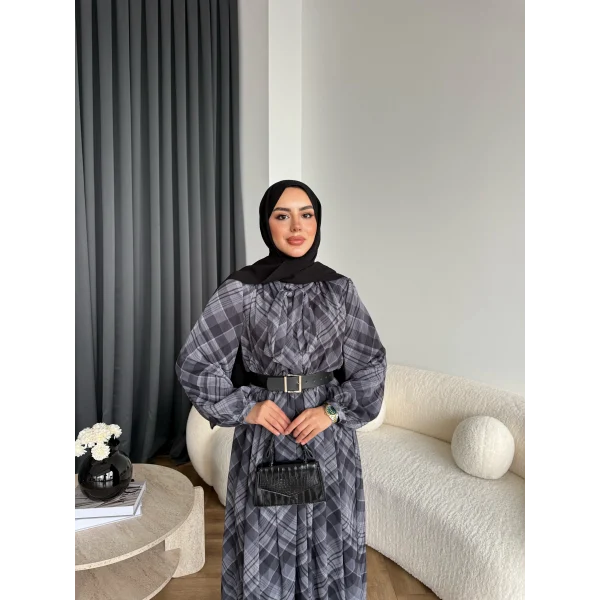 Moi - Çizgili Şifon Elbise - Gri