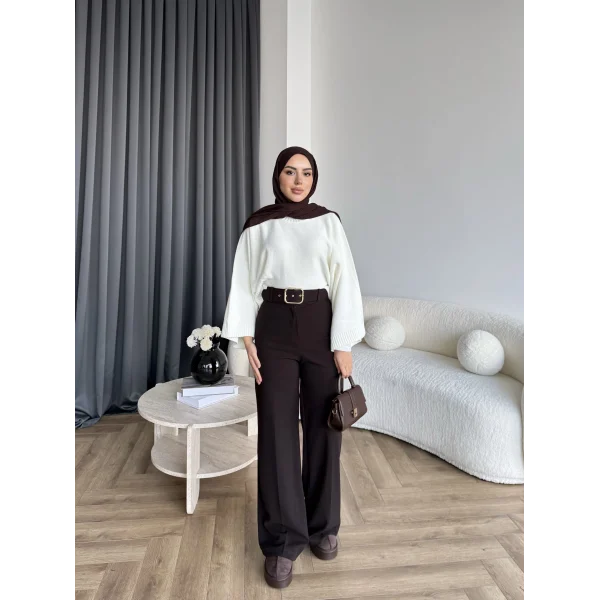 Mrs - Kemerli Bol Paça Pantolon - Acı Kahve