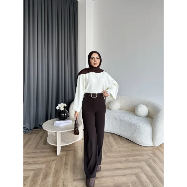 Mrs - Kemerli Bol Paça Pantolon - Acı Kahve