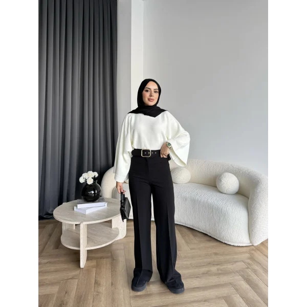 Mrs - Kemerli Bol Paça Pantolon - Siyah