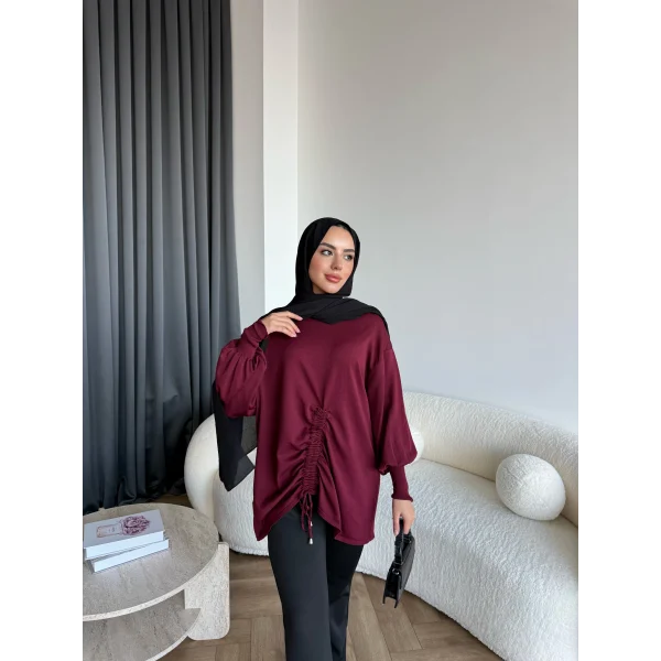 Mury Büzgü Detaylı Triko Kazak - Bordo