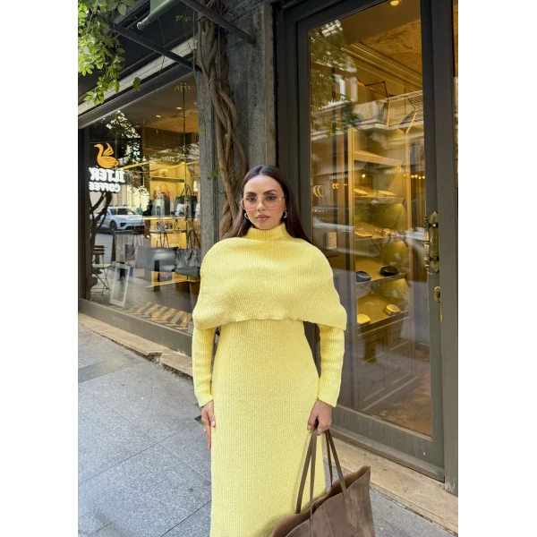 Nes Yaka Triko Elbise - Sarı