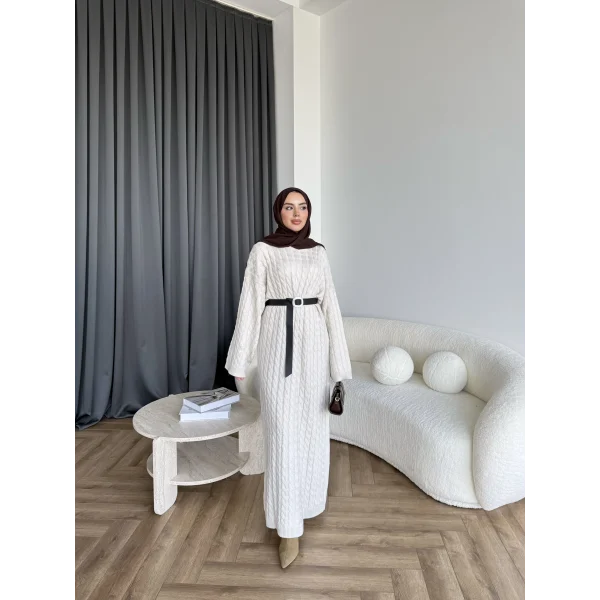 Nurs Örgü Detaylı Elbise - Bej