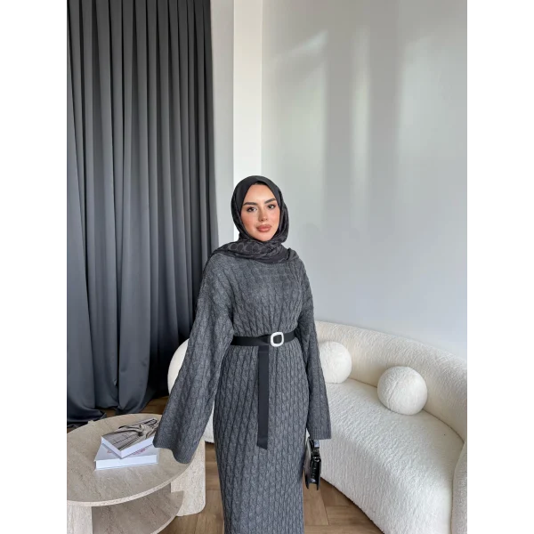 Nurs Örgü Detaylı Elbise - Gri