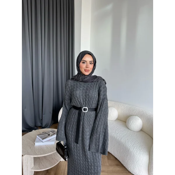 Nurs Örgü Detaylı Elbise - Gri