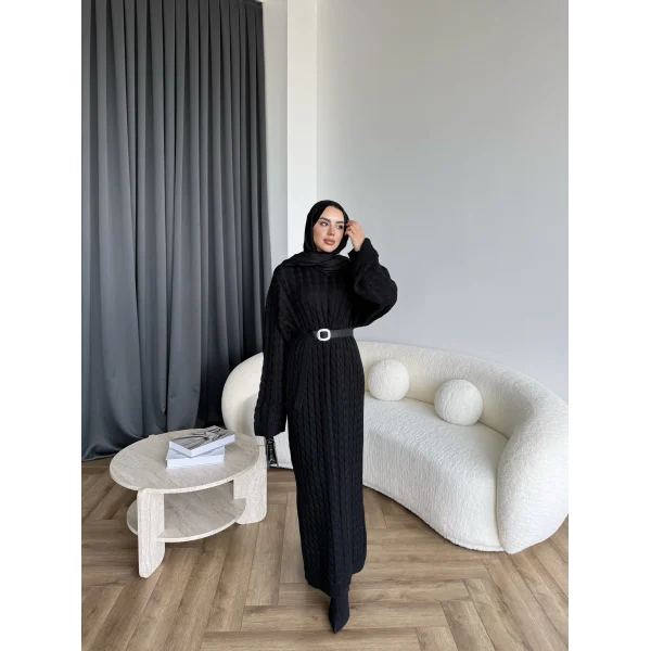 Nurs Örgü Detaylı Elbise - Siyah