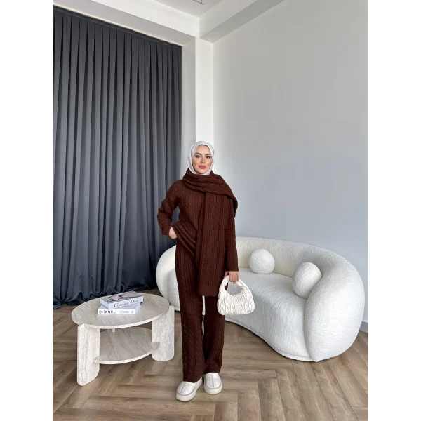 Örgü Atkı Detaylı Triko Takım - Acı Kahve