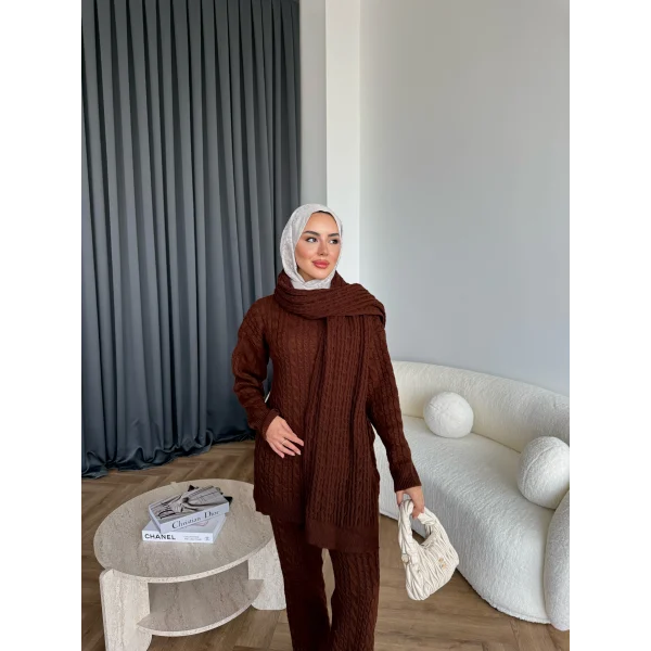 Örgü Atkı Detaylı Triko Takım - Acı Kahve