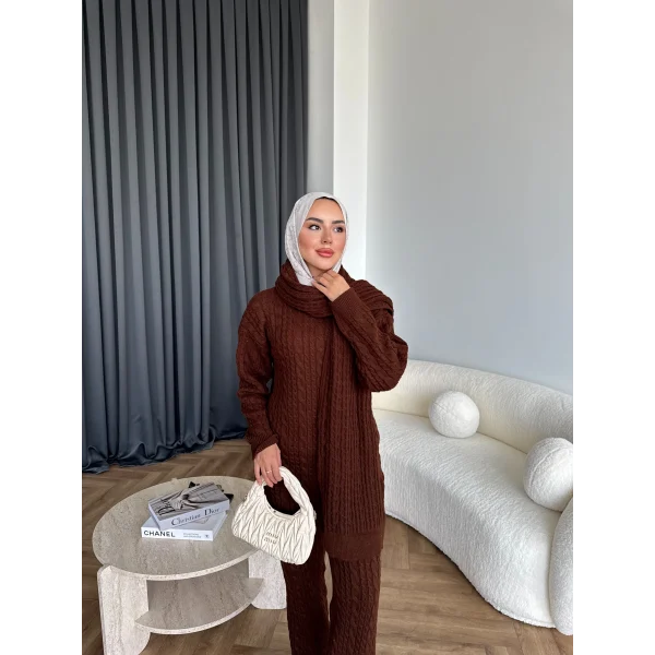 Örgü Atkı Detaylı Triko Takım - Acı Kahve