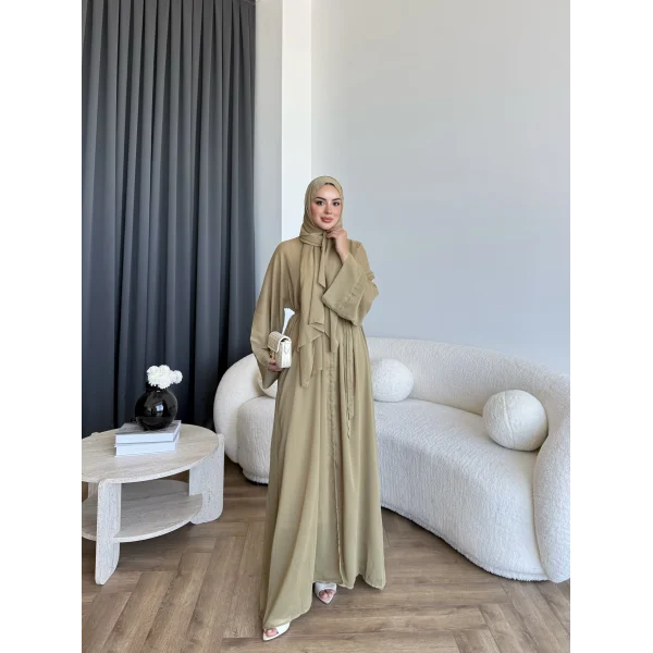Pln - Arabic Şallı Abaya - Yağ Yeşili