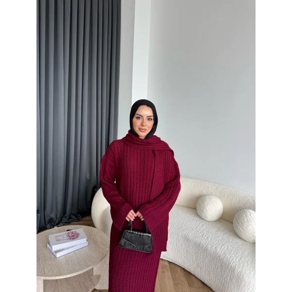 Pln-Atkı Örgü Triko Elbise - Bordo