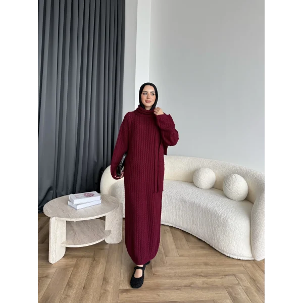 Pln-Atkı Örgü Triko Elbise - Bordo