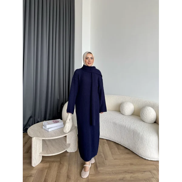 Pln-Atkı Örgü Triko Elbise - Lacivert