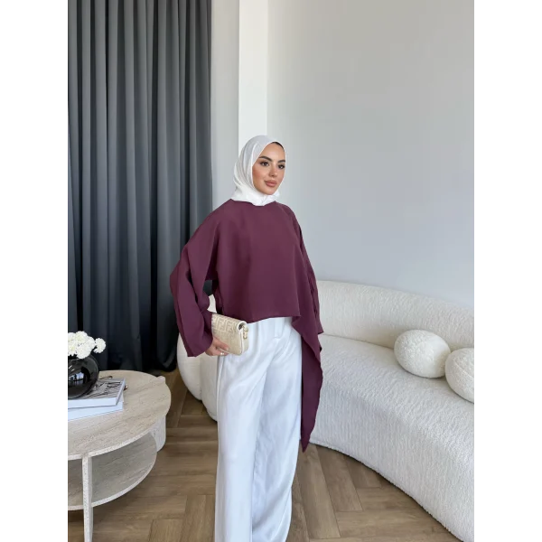 Pln - Bella Organik Keten Bluz - Bordo