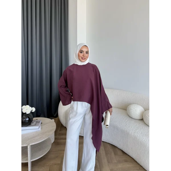 Pln - Bella Organik Keten Bluz - Bordo