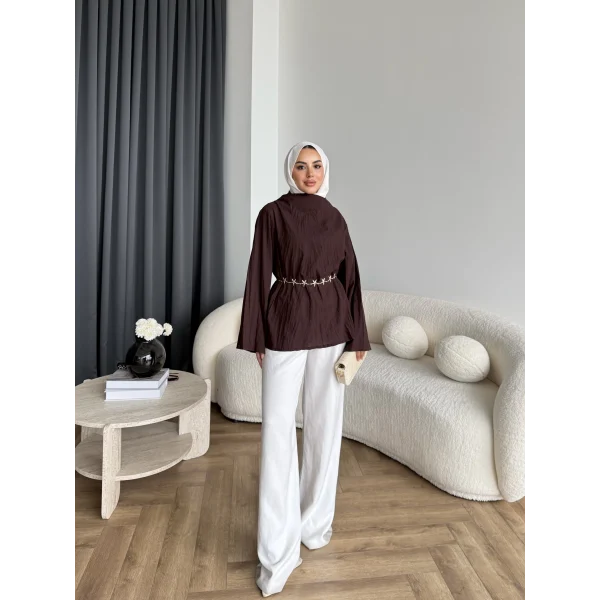 Pln - Crush Kumaşlı Bluz - Kahve