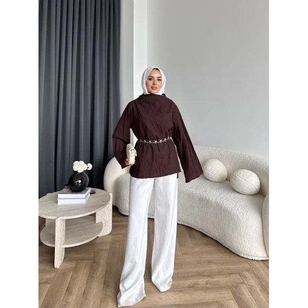 Pln - Crush Kumaşlı Bluz - Kahve