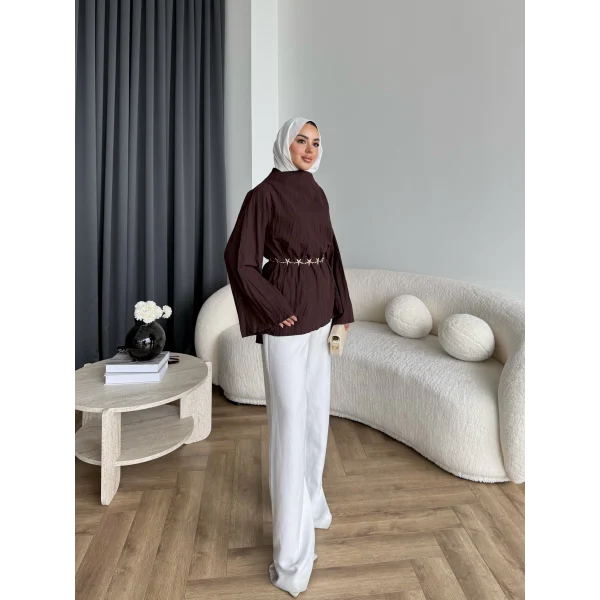 Pln - Crush Kumaşlı Bluz - Kahve