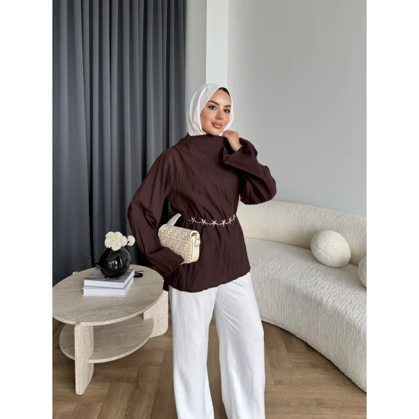 Pln - Crush Kumaşlı Bluz - Kahve