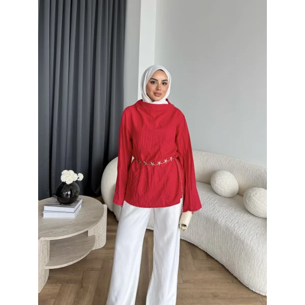 Pln - Crush Kumaşlı Bluz - Kırmızı