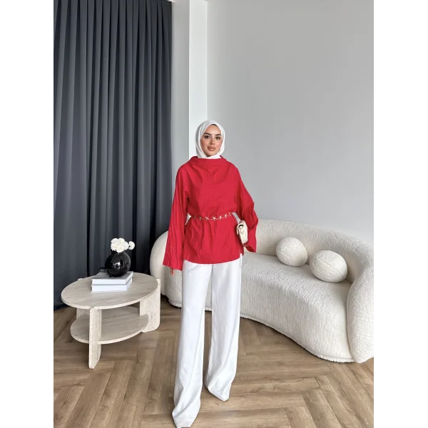 Pln - Crush Kumaşlı Bluz - Kırmızı