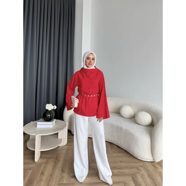 Pln - Crush Kumaşlı Bluz - Kırmızı