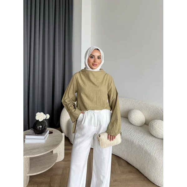Pln - Crush Kumaşlı Bluz - Yağ Yeşili