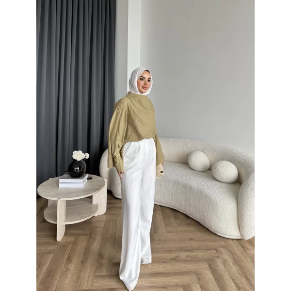 Pln - Crush Kumaşlı Bluz - Yağ Yeşili