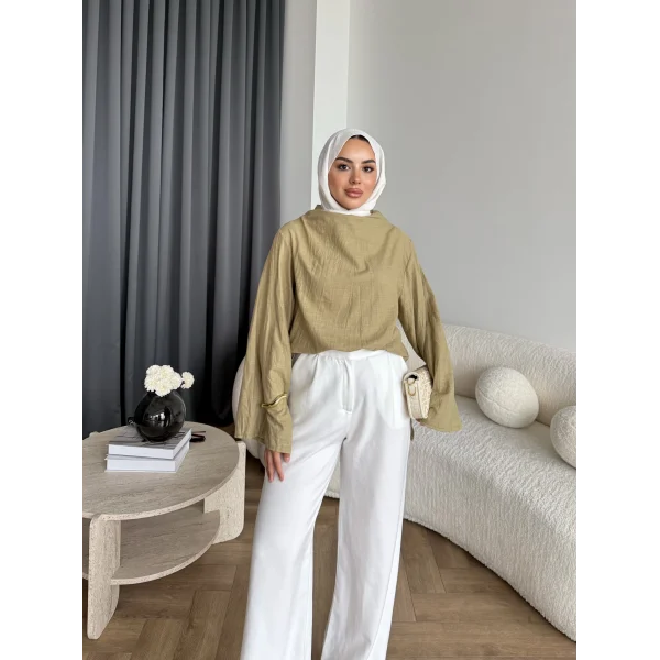 Pln - Crush Kumaşlı Bluz - Yağ Yeşili