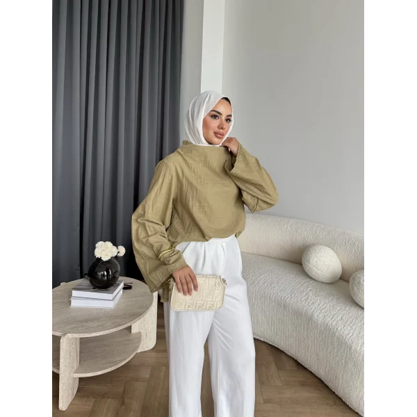 Pln - Crush Kumaşlı Bluz - Yağ Yeşili
