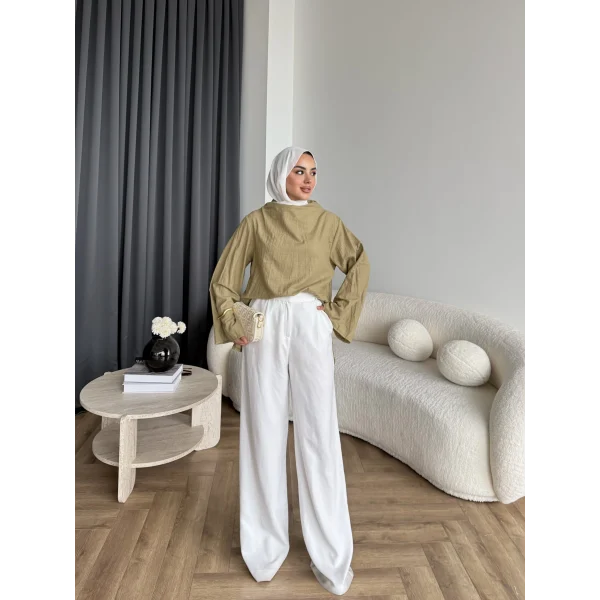 Pln - Crush Kumaşlı Bluz - Yağ Yeşili
